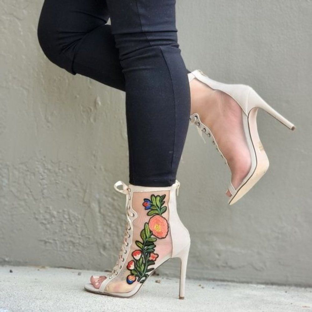 Women Ankle Open Toe High Heel Booties Lace Up Nude Color
